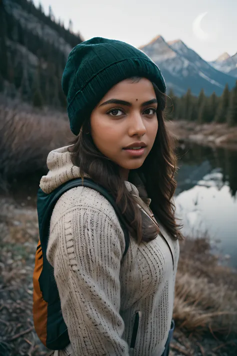 Amala Paul ((upper body selfie, happy)), masterpiece, best quality, ultra-detailed,  solo, outdoors, (night), mountains, nature, (stars, moon)   cheerful, happy, backpack, sleeping bag, camping stove, water bottle, mountain boots, gloves, sweater, hat, fla...