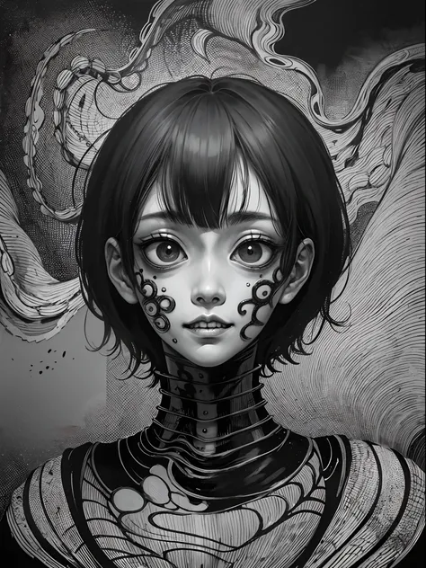 [(Junji Ito:1.4), creepy, dark, black and white, detailed line art, unsettling, horror manga style, twisted, psychological horror, grotesque, morbid, surreal]