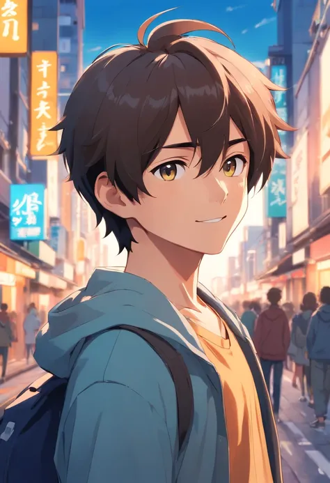 A boy, transformed into an anime style, with exaggerated unique facial features and clothing, standing on a bustling city street, backlit background highlighting the subject, high-contrast colors, 4K high-definition quality，young, smiling, handsome