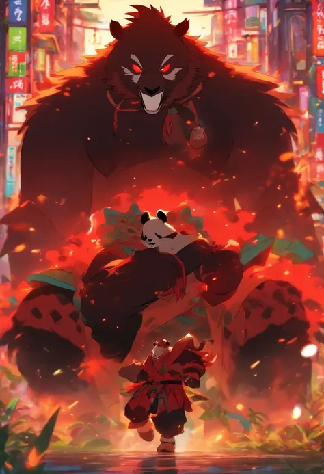 Panda beastman em quimono vermelho, em uma postura de luta, em uma rua, to stand, Panda gigante, Feroz, olhos vermelhos, cicatrizes