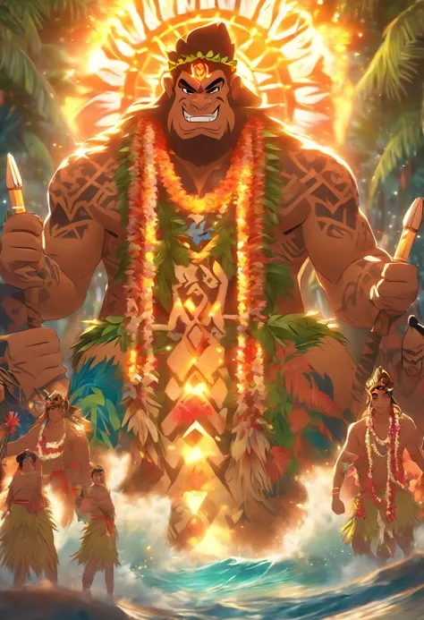 (((Hawaiian Ritual))) best quality, ultra-high resolution, 4K detailed CG, master piece, Man,Totem, Hawaiian clothing, Hawaii, Maori tattoos, Maori mythology, ((Maori Totem )), Maori image style, aesthetic, centered on the screen