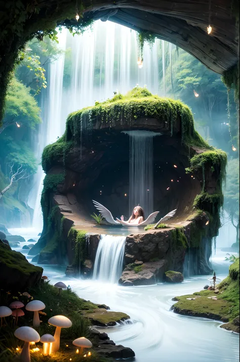 A whimsical, dreamlike artwork that combines elements of a "Waterfall Shower Girl Cave" with fantasy. The cave is nestled beneath a towering mushroom canopy, and the waterfall is a shimmering ribbon of liquid stardust. Inside the cave, a girl with wings ba...