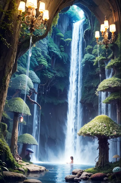 A whimsical, dreamlike artwork that combines elements of a "Waterfall Shower Girl Cave" with fantasy. The cave is nestled beneath a towering mushroom canopy, and the waterfall is a shimmering ribbon of liquid stardust. Inside the cave, a girl with wings ba...