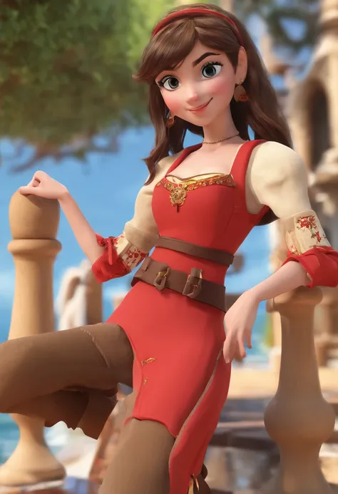 ((best quality)), ((master part)), ((realistic cartoon)), ((Perfect character)) - a character woman with long brown hair and bangs, golden eyes and wearing a red medieval dress and brown boots, different angles, in the style of Miraculous Ladybug, characte...