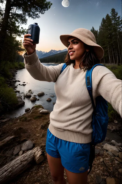 Amala Paul,((upper body selfie, happy)), masterpiece, best quality, ultra-detailed, solo, outdoors, (night), mountains, nature, (stars, moon) cheerful, happy, backpack, sleeping bag, camping stove, water bottle, mountain boots, gloves, sweater, hat, flashl...