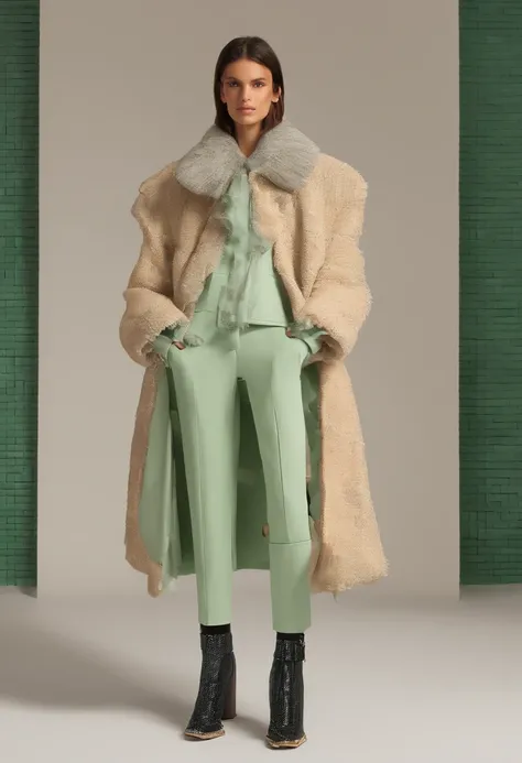 Imagina una imagen en la que un HOMBRE que Viste un conjunto de prendas de estilo urbano, con una clara influencia de Alexander McQueen, that brings a sense of volume and originality. The color palette leans towards cool tones, pero el color verde es el pr...