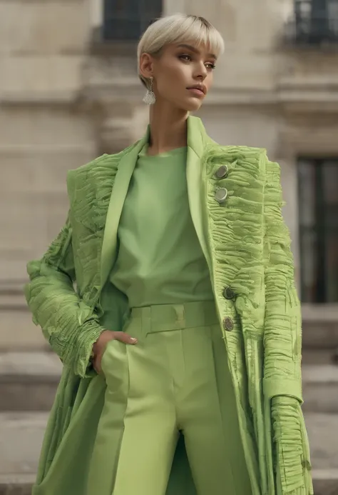 Imagina una imagen en la que un HOMBRE que Viste un conjunto de prendas de estilo urbano, con una clara influencia de Alexander McQueen, that brings a sense of volume and originality. The color palette leans towards cool tones, pero el color verde es el pr...