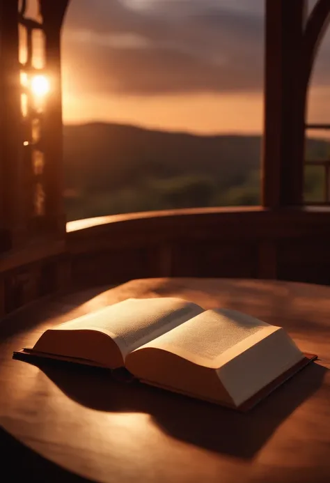 Model of the book on the wooden table at the back of the church for product presentation. detalhes intrincados, 3D Octane Rendering, cinematic lights, expressividade emocional, sunset light, luz suave