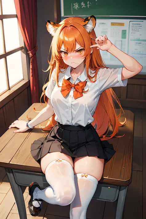 (simplistic),full body view,intricate details,(best quality),(masterpiece:1.2),(detailed:1.2),(sharp focus), (orange hair with black stripes), ((cartoon style)), tiger hybrid, tiger girl, skirt, white social shirt, red tie, tiger ears, tiger puffy tail, ((...