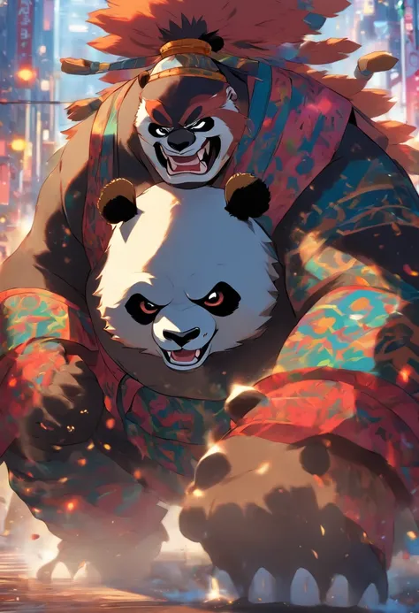 Panda beastman, em uma postura de luta de sumo, em uma rua, to stand, Panda-gigante, feroz, cicatrizes, close-up no panda no centro, 4K imagem, estilo de anime