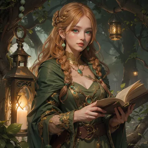 masterpiece, best quality, extremely detailed, sorceress, green mint eyes, icy eyes, cold smiling mouth, magic book in right hand, left hand hanging a lantern small, loose peach hair, modest brown dress, sepia braided sandals, dark moss-colored damaged cap...