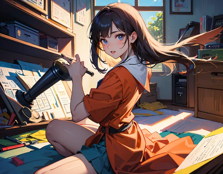 2D illustration, best quality, ultra detailed, 32k, girl in Asian school outfit, in her messy room, dynamic pose, aerial view