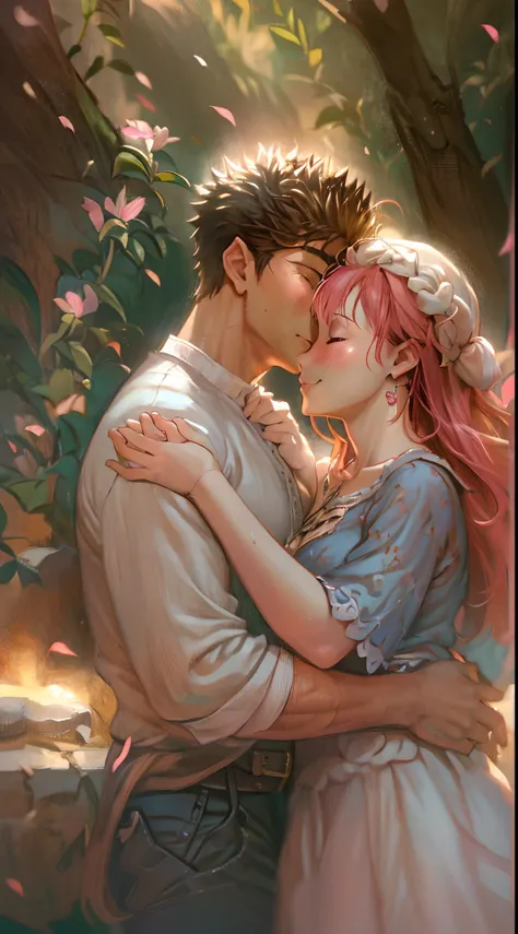 riamu,guts,couple,husband and wife,love dovey couple,sitting,hug,kiss,smile,(best quality,4k,8k,highres,masterpiece:1.2),ultra-detailed,(realistic,photorealistic,photo-realistic:1.37),traditional oil painting,romantic evening scene,soft lighting,vivid colo...