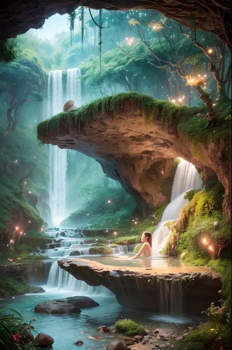 A whimsical, dreamlike artwork that combines elements of a "Waterfall Shower Girl Cave" with fantasy. The cave is nestled beneath a towering mushroom canopy, and the waterfall is a shimmering ribbon of liquid stardust. Inside the cave, a girl with wings ba...