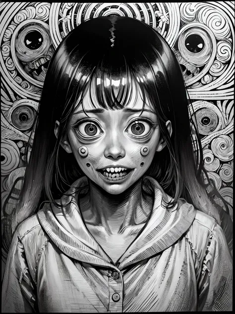 [(Junji Ito:1.5), creepy, dark, black and white, detailed manga line art, scared, horrified, terrified, insane, creepy, unsettling, disturbing, (horror manga style), twisted, warped, psychological horror, grotesque, morbid, surreal]