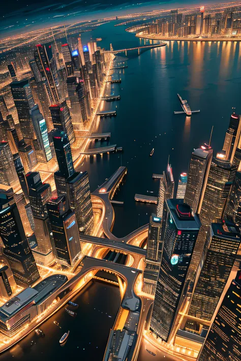 An aerial view of a futuristic megalopolis, with skyscrapers reaching the clouds and flying cars driving through aerial highways. Building lights illuminate the night, creating a striking image of the city of the future.