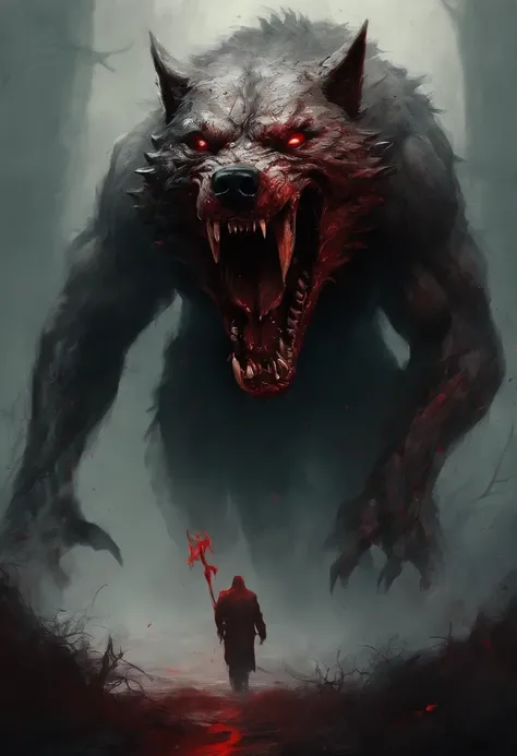 A painting of a really mest up wolf with a bloodied face and a bloodied head, carnage, Sci - Horror Art of Fiction, Science fiction horror artwork, inspired by Aleksi Briclot, Crocs de carnage, Horror fantasy art, par Aleksi Briclot, Horror concept art, ve...