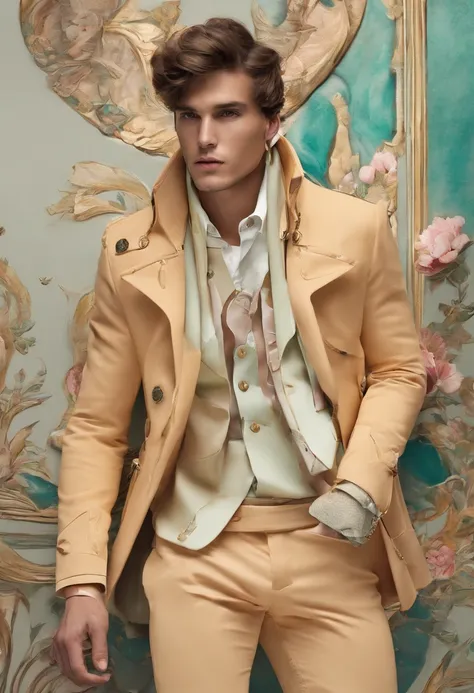 Visualiza una imagen en la que un hombre se encuentra en el centro de la escena, vistiendo un conjunto de prendas de estilo urbano que evoca la creatividad de Alexander McQueen. The color palette leans towards cool tones, pero el color verde destaca como p...