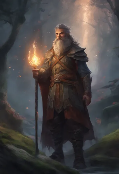 8k UHD dark gritty gothic horror. Dnd 5e. Gnome barbarian screaming in anger. Medium length dark hair. Short neat beard. Grey eyes. Built powerfully. Crackling with lightning. Standing in a dark, gloomy forest, fog swirling all around.