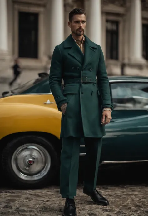 Visualiza una imagen en la que un hombre se encuentra en el centro de la escena, vistiendo un conjunto de prendas de estilo urbano que evoca la creatividad de Alexander McQueen. The color palette leans towards cool tones, pero el color verde destaca como p...