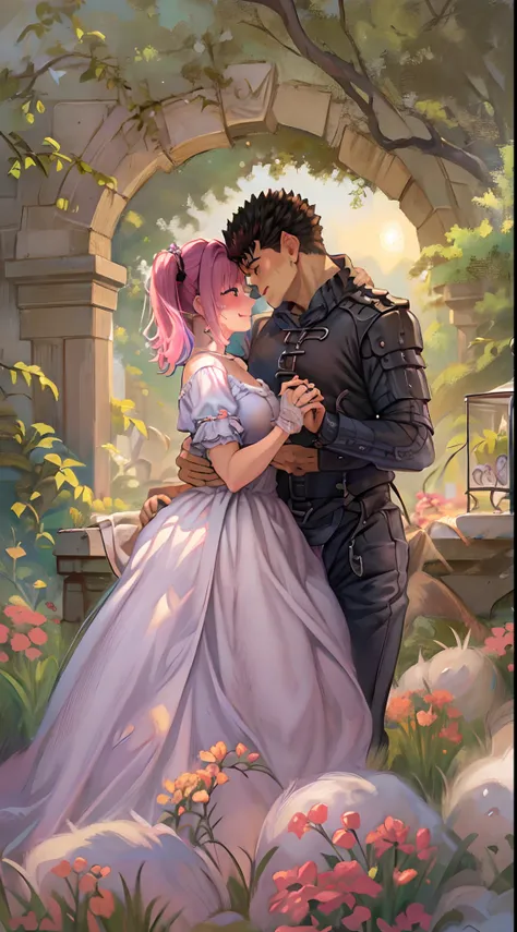 riamu,guts,couple,husband and wife,love dovey couple,sitting,hug,kiss,smile,(best quality,4k,8k,highres,masterpiece:1.2),ultra-detailed,(realistic,photorealistic,photo-realistic:1.37),traditional oil painting,romantic evening scene,soft lighting,vivid colo...