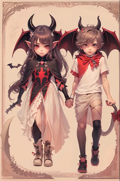 Little Devil Boy and Devil Girl Holding Hand, Bat Wings , Devil Horns, Devil Tail