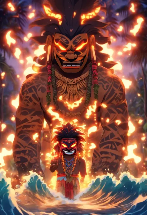 (((Hawaiian Ritual))) best quality, ultra-high resolution, 4K detailed CG, master piece, Man wearing a tribal mask, underworld, dark atmosphere, Dark weather, Hawaiian Totem, Tiki Totem, Tiki mask, Hawaiian clothing, Hawaii , Maori tattoos, Maori mythology...