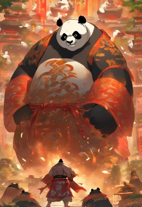 Homem-fera panda gigante, Panda antropomorfo, lutador, em uma postura de luta de sumo, em um templo, to stand, feroz, serio, cicatrizes pelo corpo todo, 4k imagem, Estilo anime