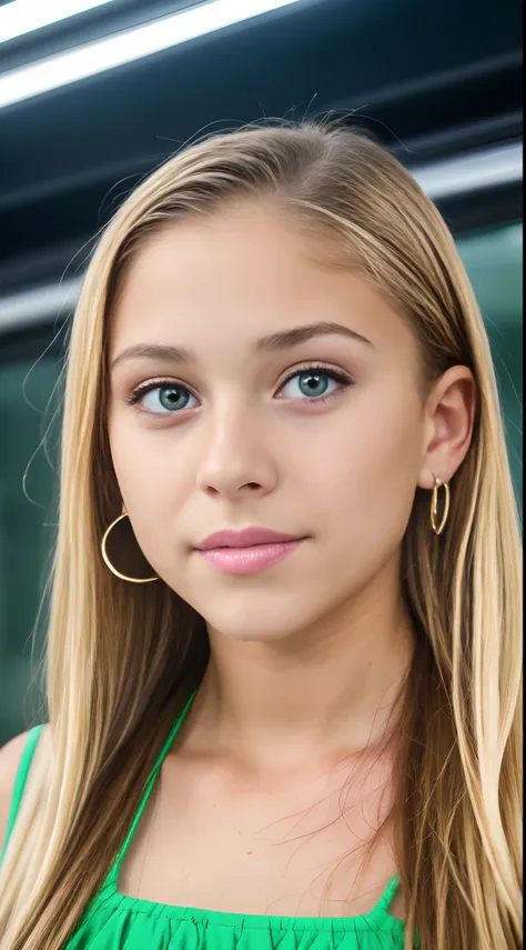 ((pre-teen)), beautiful girl, model body, freckles on her face, light green eyes, small breasts, large earrings, spaghetti strap...