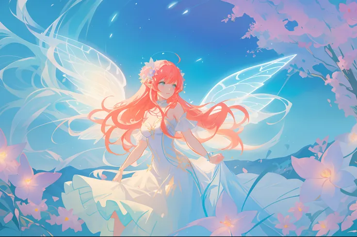 beautiful girl in flowing white fairy dress, (large glowing fairy wings), glowing flowing ballgown, long wavy red hair, otherworldly landscape, glowing flowers and plants, pastel colors, sparkling fairy wings, watercolor illustration, flowers and colorful ...