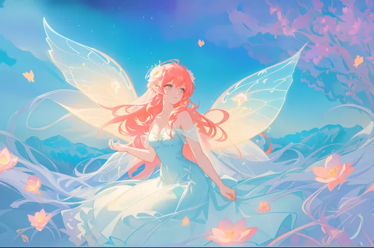 beautiful girl in flowing white fairy dress, (large glowing fairy wings), glowing flowing ballgown, long wavy red hair, otherworldly landscape, glowing flowers and plants, pastel colors, sparkling fairy wings, watercolor illustration, flowers and colorful ...