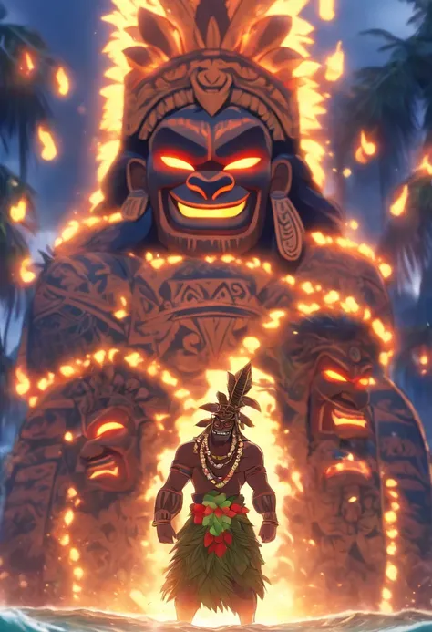 (((Hawaiian Ritual))) best quality, ultra-high resolution, 4K detailed CG, master piece, Man wearing a tribal mask, underworld, dark atmosphere, Dark weather, Hawaiian Totem, Tiki Totem, Tiki mask, Hawaiian clothing, Hawaii , Maori tattoos, Maori mythology...