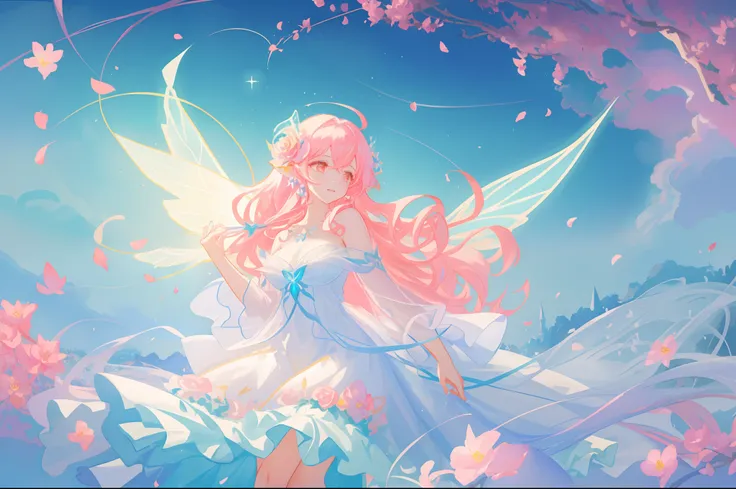 beautiful girl in flowing white dress, (glowing fairy wings), glowing flowing ballgown, long wavy hair, sparkling fairy wings, watercolor illustration, flowers and colorful plants, inspired by Glen Keane, inspired by Lois van Baarle, disney art style, by L...