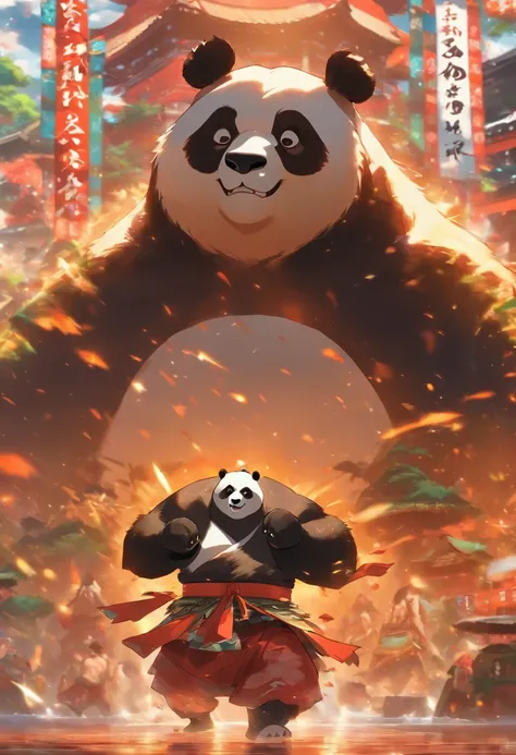 Homem-fera panda gigante,antropomorfo, lutador, em uma postura de luta de sumo, em um templo, feroz, serio, cicatrizes pelo corpo todo, 4k imagem, Estilo anime