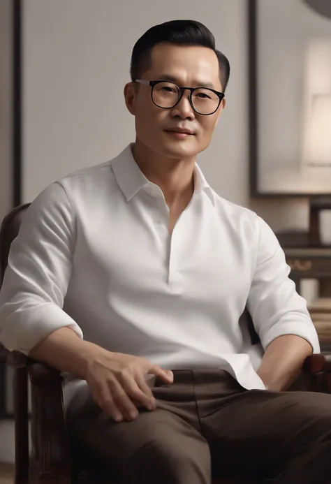 (best quality,4k,8k,highres,masterpiece:1.2),ultra-detailed,(realistic,photorealistic,photo-realistic:1.37),a 40-year-old Chinese man without hair and wearing black-framed glasses, sitting on a chair, wearing a Ralph Lauren white polo shirt, brown trousers...