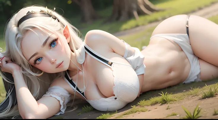 1 anime girl, busty, white, hot, elf, lying on the ground