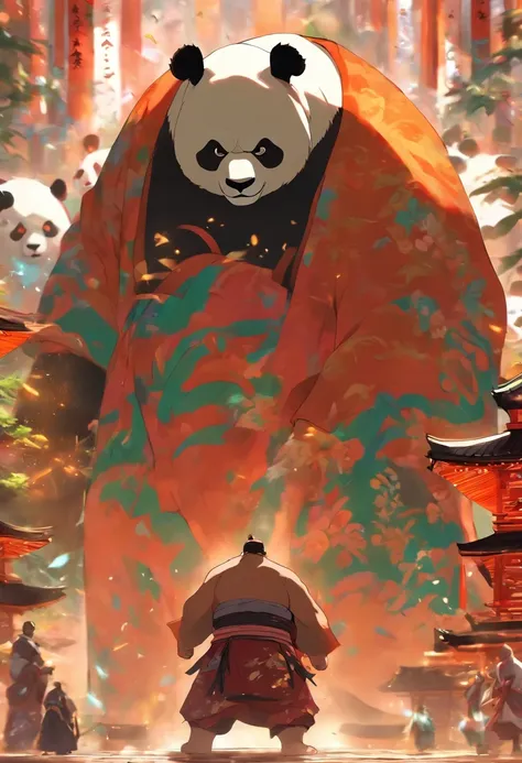 Homem-fera panda gigante, antropomorfo, lutador de sumo, Guerreiro, Monge, em uma postura de luta, em um templo, feroz, cicatrizes pelo corpo todo, 4k imagem, Estilo anime