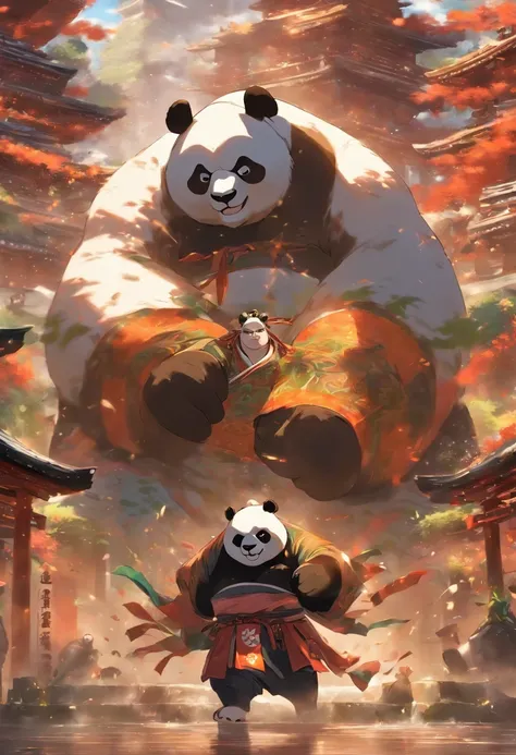 Homem-fera panda gigante, antropomorfo, lutador de sumo, Guerreiro, Monge, em uma postura de luta, em um templo, feroz, cicatrizes pelo corpo todo, 4k imagem, Estilo anime