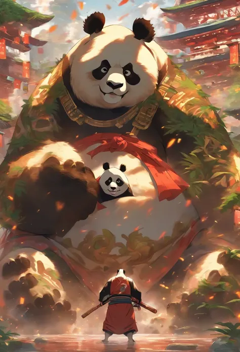 Homem-fera panda gigante, antropomorfo, lutador de sumo, Guerreiro, Monge, em uma postura de luta, em um templo, feroz, cicatrizes pelo corpo todo, 4k imagem, Estilo anime