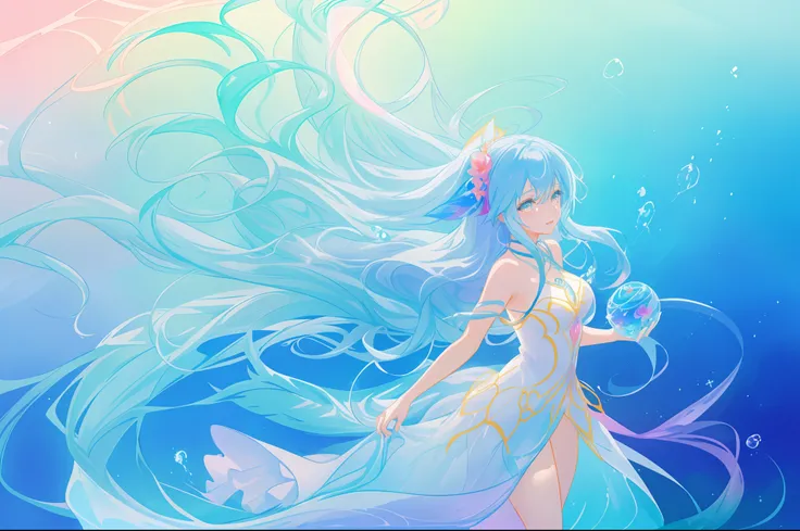 beautiful anime girl in colorful multi-layered dress made of liquid, long flowing liquid hair, magical water, water bubbles, colorful fantasia background, flowing liquid lines of light, magical water, ((vibrant pastel colors)), (colorful), magical lights, ...