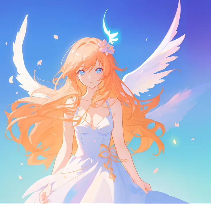 beautiful girl in flowing white dress, (glowing angel wings), glowing flowing ballgown, long wavy hair, sparkling angel wings, watercolor illustration, flowers and colorful plants, inspired by Glen Keane, inspired by Lois van Baarle, disney art style, by L...