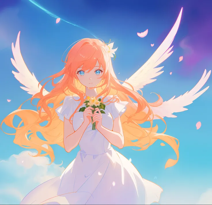 beautiful girl in flowing white dress, (glowing angel wings), glowing flowing ballgown, long wavy hair, sparkling angel wings, watercolor illustration, flowers and colorful plants, inspired by Glen Keane, inspired by Lois van Baarle, disney art style, by L...