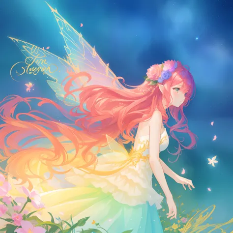 beautiful girl in flowing ballgown dress, (glowing fairy wings), glowing flowing ballgown, long wavy hair, sparkling fairy wings, watercolor illustration, flowers and colorful plants, inspired by Glen Keane, inspired by Lois van Baarle, disney art style, b...