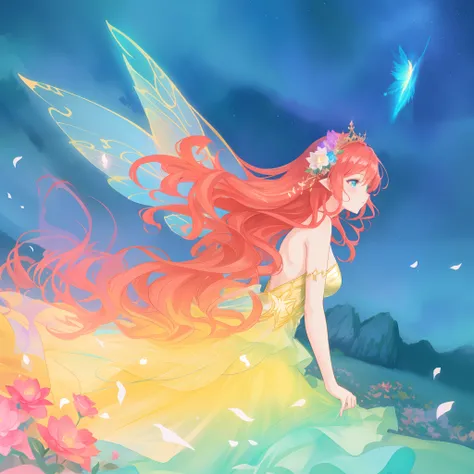 beautiful girl in flowing ballgown dress, (glowing fairy wings), glowing flowing ballgown, long wavy hair, sparkling fairy wings, watercolor illustration, flowers and colorful plants, inspired by Glen Keane, inspired by Lois van Baarle, disney art style, b...