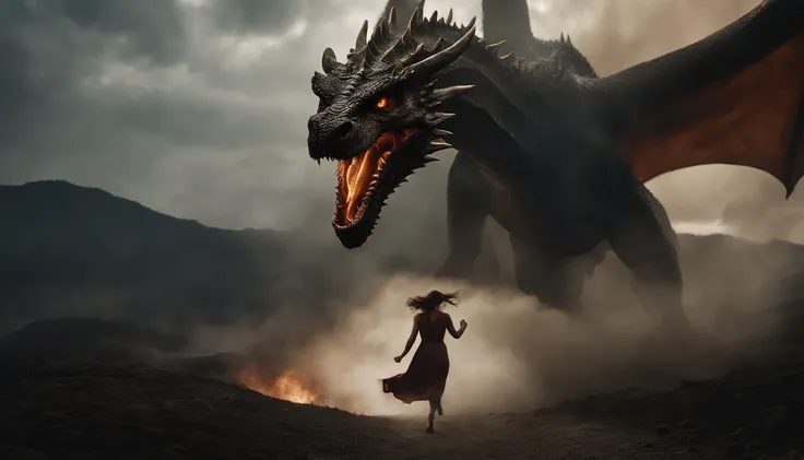 A dragon chasing a woman, Biblical image of the Apocalypse.