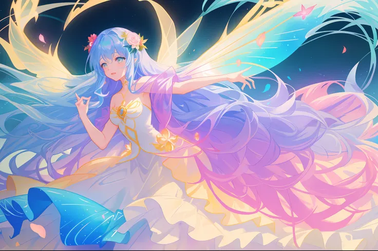 beautiful girl in flowing colorful dress, (glowing fairy wings), glowing flowing ballgown, (COLORFUL), (bright vibrant colors), magical, whimsical, fairyland, fairy queen, beautiful girl, long wavy hair, sparkling fairy wings, watercolor illustration, flow...