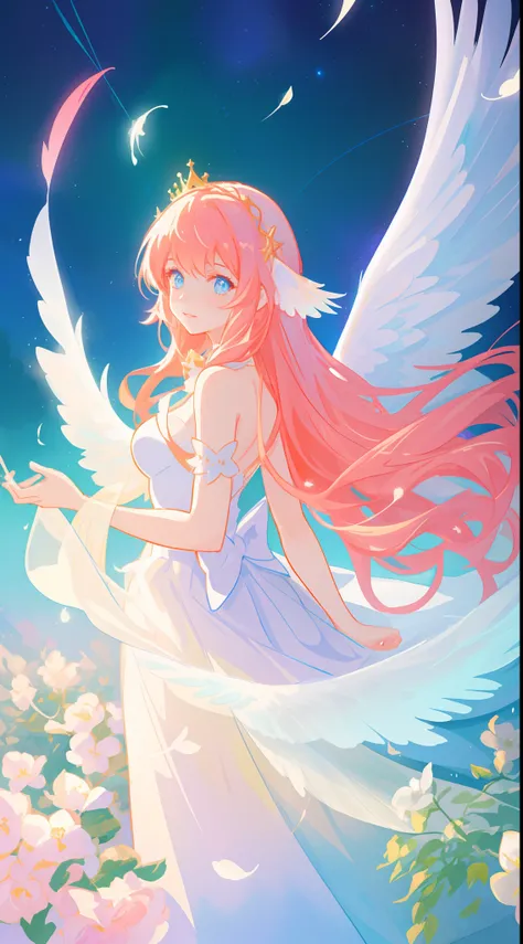 beautiful girl in flowing white dress, (glowing angel wings), glowing flowing ballgown, (large feathery white angel wings), angel wings, white feathers, flowing white ballgown dress, sparkling crown of white flowers on her head, long wavy red hair, sparkli...