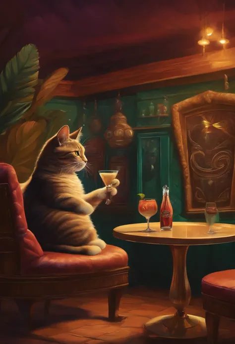 a cat drinks a frappé in a prehistoric bar. Quantum art paintings are on the walls