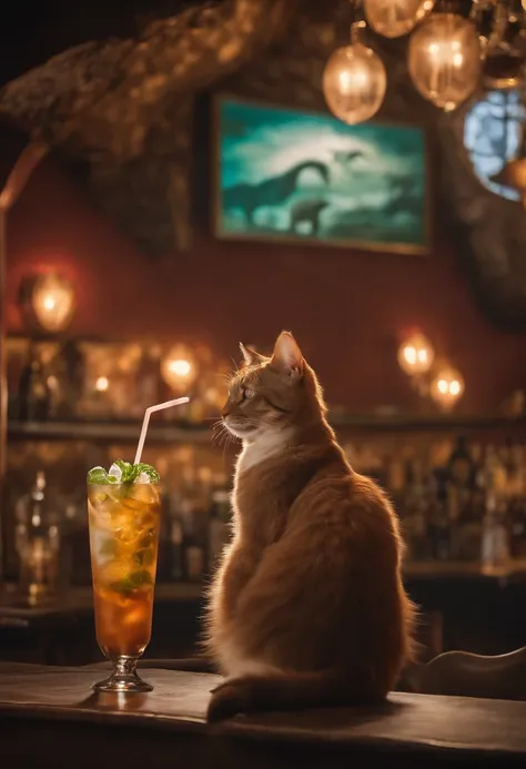 a cat drinks a frappé in a prehistoric bar. Quantum art paintings are on the walls