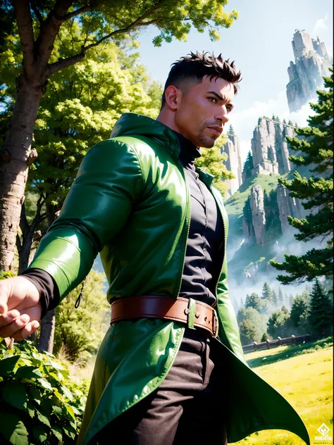 arafed the man in the green jacket in the woods, vin diesel, hero, epic fantasy as a medieval fantasy character, portrait of fin...